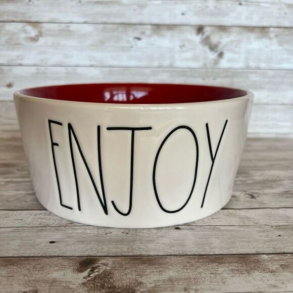 Rae Dunn by Magenta Off-White Red Interior Enjoy Ceramic Pet Dish Bowl One Size - Picture 7 of 7